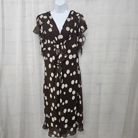 MSK Brown White Polka Dot Chiffon Ruffle Midi Dress Coquette 16/18 - Picture 1 of 12